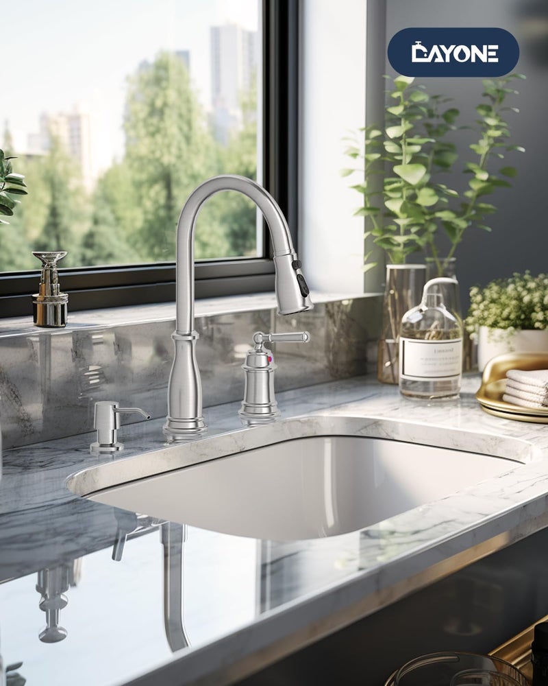 DAYONE 3 Holes Kitchen Sink Faucets with Pull Down Sprayer and Soap Dispenser, 2 Holes Brushed Nickel Sink Faucet for Kitchen by , Single Handle High Arc, DAY-279BN - Image 2